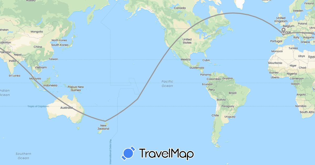TravelMap itinerary: plane in France, Indonesia, Malaysia, New Zealand, Singapore, Thailand, United States (Asia, Europe, North America, Oceania)